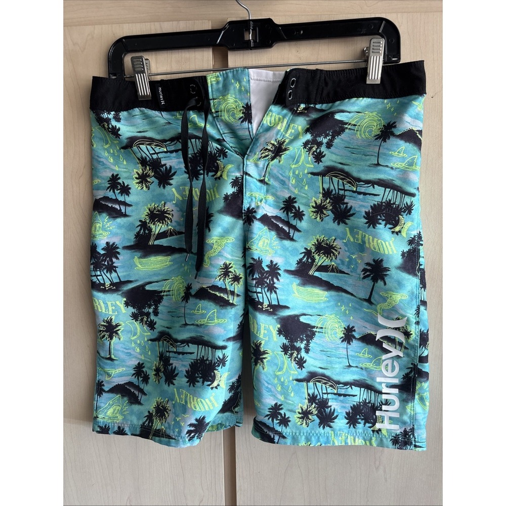 Hurley Board Shorts 16/28 Turquoise Hawaiian Aloha Unlined Bathing Swim Trunks
